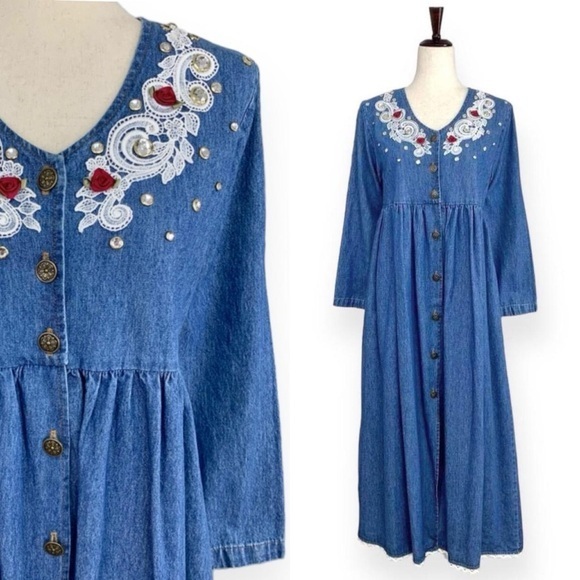 Vintage Dresses & Skirts - Mirage Vintage 90s Denim Midi Dress Embellished Art To Wear Cottagecore